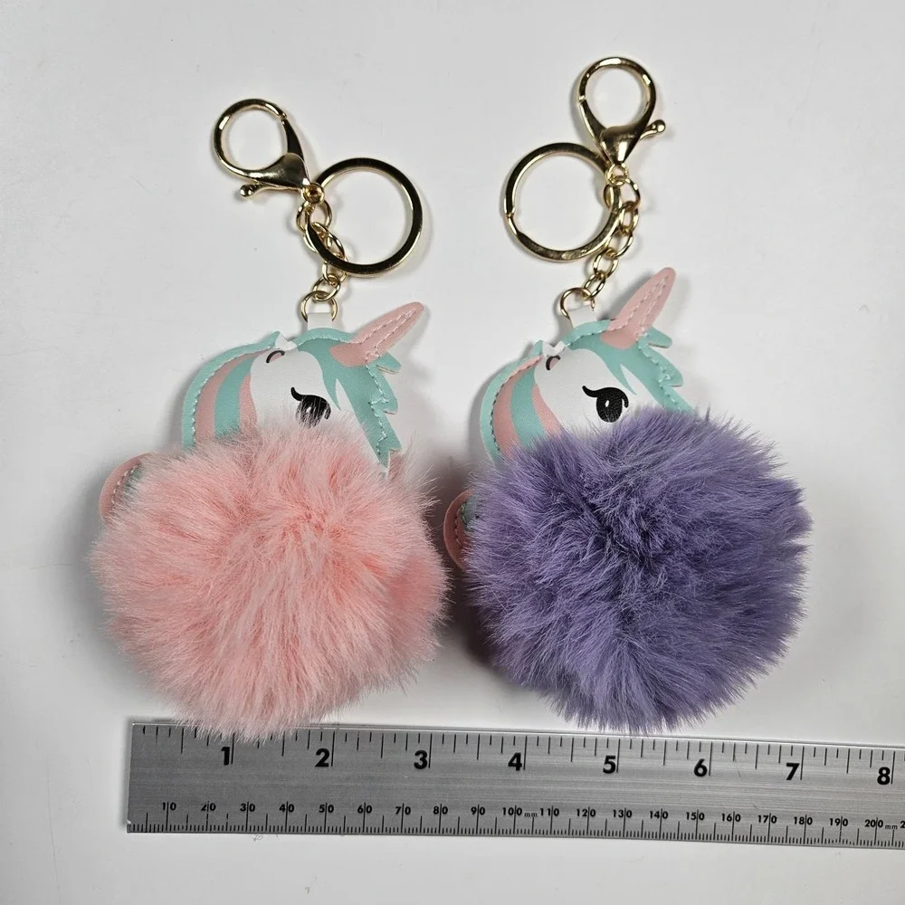 Unicorn Keychain Bag Charm Girls‎ Pink Purple Glitter Pom Pom 2 Pack Bundle NEW